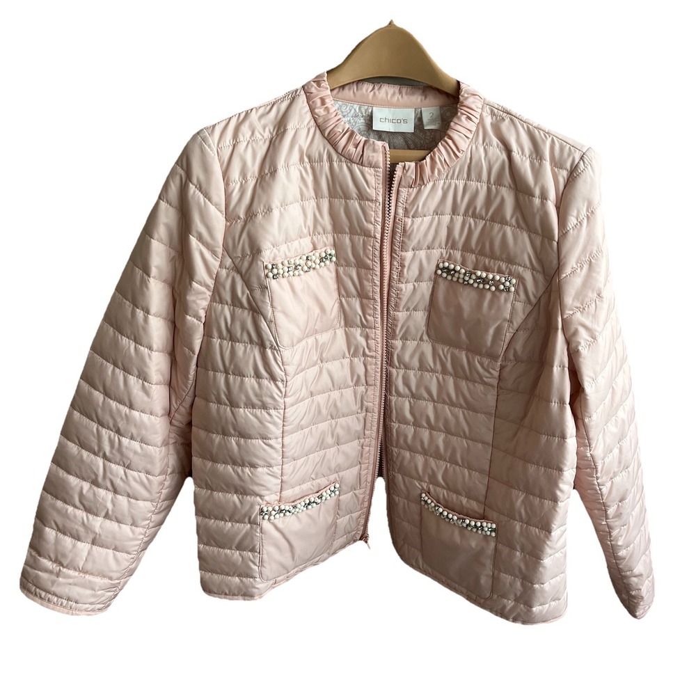Chicos‎ Beaded Puffer Jacket Petal Pink Women's 2 (L) Soft Feminine Chic Luxury